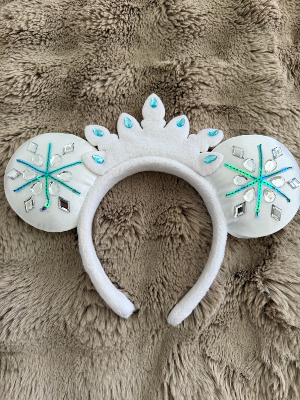 Disney White Snowflake Mouse Ear Headband with Blue Gems